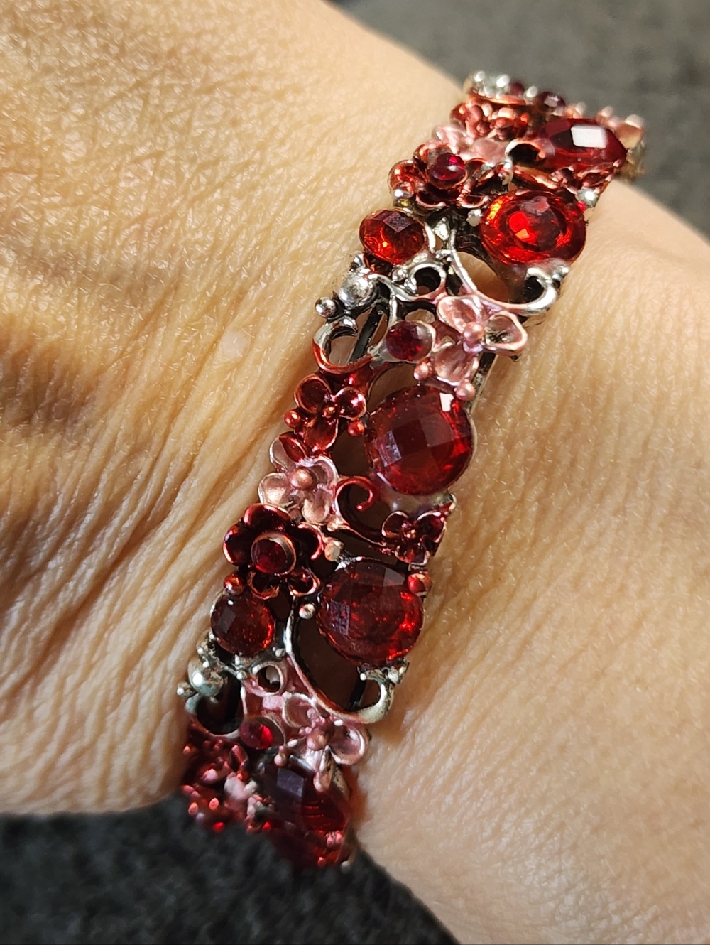 Red Crystal Floral Statement Cuff Bracelet - Picture 2 of 8